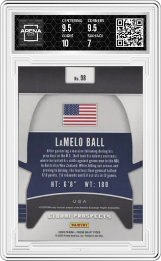 LaMelo Ball from the 2020-21 Panini Prizm Draft Picks set graded by Arena Club and given an overall grade of 7.5.