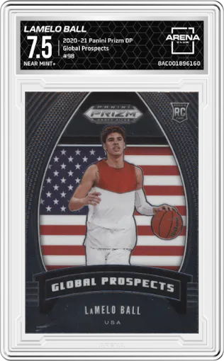 LaMelo Ball from the 2020-21 Panini Prizm Draft Picks set graded by Arena Club and given an overall grade of 7.5.