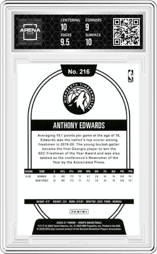 Anthony Edwards from the 2020-21 Panini NBA Hoops set graded by Arena Club and given an overall grade of 9.5.