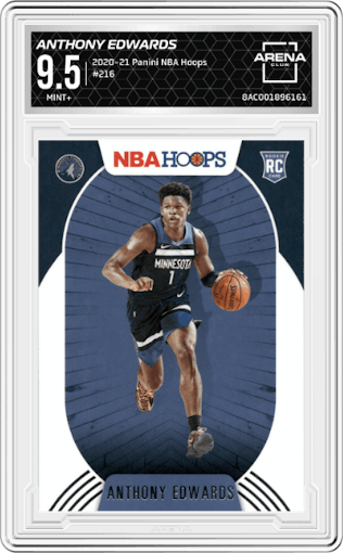 Anthony Edwards from the 2020-21 Panini NBA Hoops set graded by Arena Club and given an overall grade of 9.5.
