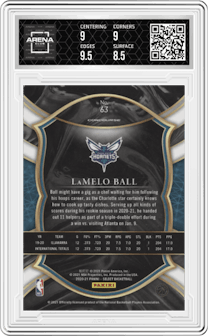 LaMelo Ball from the 2020-21 Panini Select  set featuring a Blue Retail parallel graded by Arena Club and given an overall grade of 9.