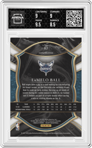 LaMelo Ball from the 2020-21 Panini Select  set featuring a Blue Retail parallel graded by Arena Club and given an overall grade of 9.