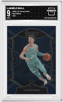 LaMelo Ball from the 2020-21 Panini Select  set featuring a Blue Retail parallel graded by Arena Club and given an overall grade of 9.