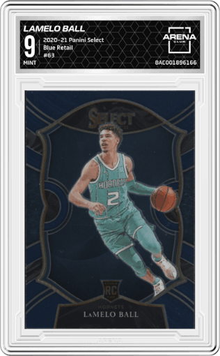 LaMelo Ball from the 2020-21 Panini Select  set featuring a Blue Retail parallel graded by Arena Club and given an overall grade of 9.