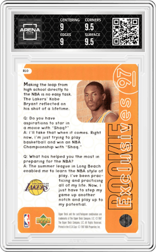 Kobe Bryant from the 1996-97 Upper Deck set graded by Arena Club and given an overall grade of 9.5.