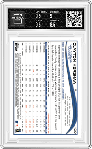 Clayton Kershaw from the 2014 Topps Chrome set graded by Arena Club and given an overall grade of 9.