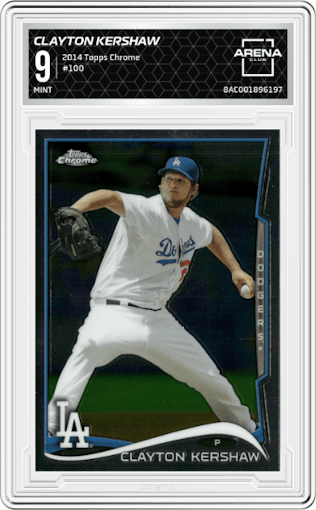 Clayton Kershaw from the 2014 Topps Chrome set graded by Arena Club and given an overall grade of 9.