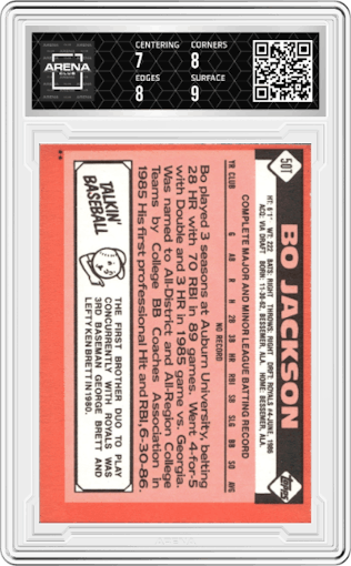 Bo Jackson from the 1986 Topps Traded set graded by Arena Club and given an overall grade of 7.5.