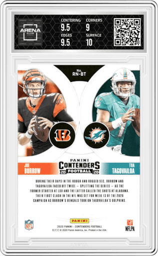 Joe Burrow/Tua Tagovailoa from the 2020 Panini Contenders set graded by Arena Club and given an overall grade of 9.5.