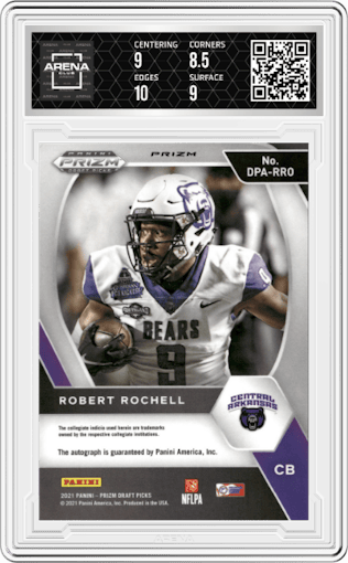 Robert Rochell from the 2021 Panini Prizm Draft Picks set featuring a Green Prizm parallel graded by Arena Club and given an overall grade of 9.