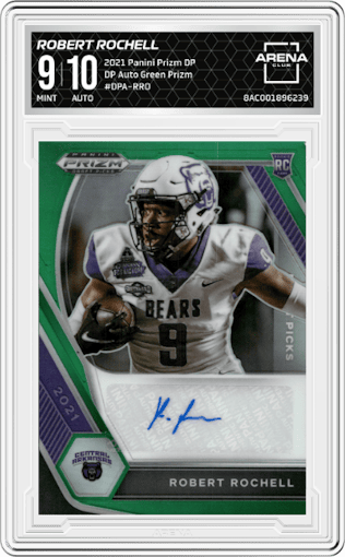 Robert Rochell from the 2021 Panini Prizm Draft Picks set featuring a Green Prizm parallel graded by Arena Club and given an overall grade of 9.