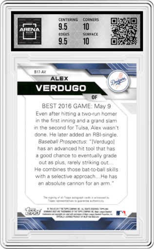 Alex Verdugo from the 2017 Bowman’s Best set graded by Arena Club and given an overall grade of 10.