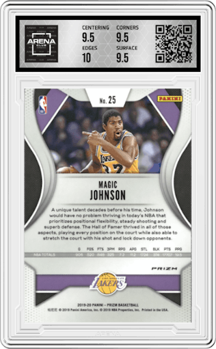 Magic Johnson  from the 2019-20 Panini Prizm set featuring a Silver Prizm parallel graded by Arena Club and given an overall grade of 10.