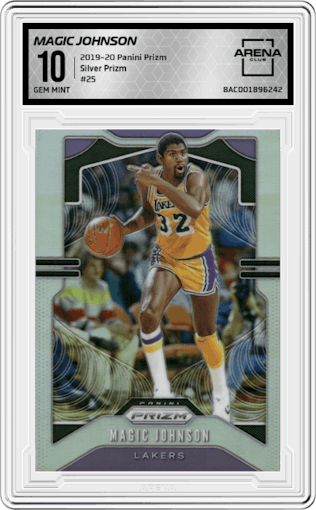 Magic Johnson  from the 2019-20 Panini Prizm set featuring a Silver Prizm parallel graded by Arena Club and given an overall grade of 10.
