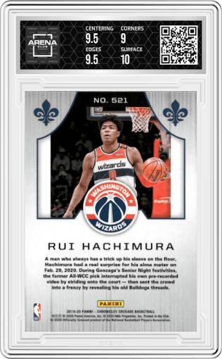 Rui Hachimura from the 2019-20 Panini Chronicles  set graded by Arena Club and given an overall grade of 9.5.