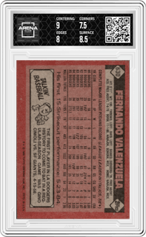 Fernando Valenzuela from the 1986 Topps set graded by Arena Club and given an overall grade of 8.