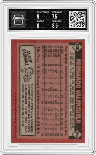 Fernando Valenzuela from the 1986 Topps set graded by Arena Club and given an overall grade of 8.