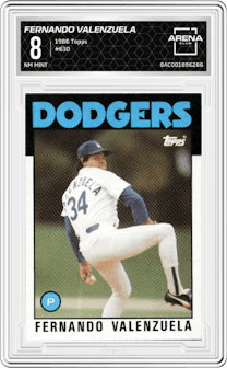 Fernando Valenzuela from the 1986 Topps set graded by Arena Club and given an overall grade of 8.