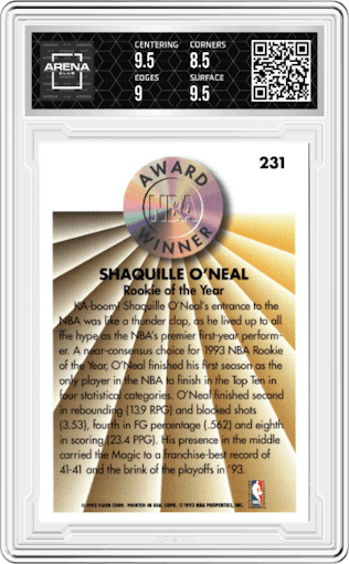 Shaquille O'Neal from the 1993-94 Fleer set graded by Arena Club and given an overall grade of 9.