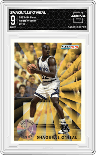 Shaquille O'Neal from the 1993-94 Fleer set graded by Arena Club and given an overall grade of 9.