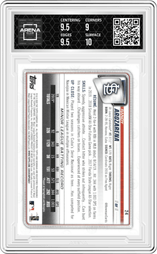 Randy Arozarena from the 2020 Bowman set featuring a Green parallel graded by Arena Club and given an overall grade of 9.5.