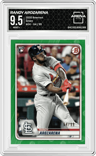 Randy Arozarena from the 2020 Bowman set featuring a Green parallel graded by Arena Club and given an overall grade of 9.5.
