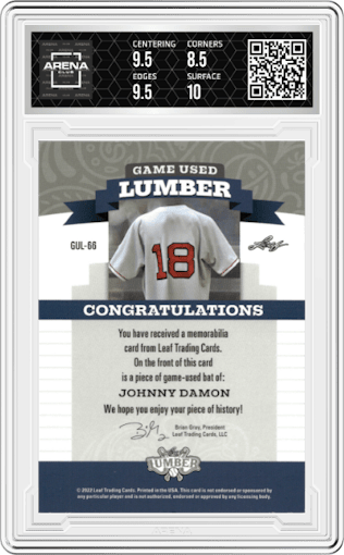 Johnny Damon from the 2022 Leaf Lumber set featuring a Platinum parallel graded by Arena Club and given an overall grade of 9.