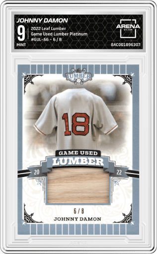 Johnny Damon from the 2022 Leaf Lumber set featuring a Platinum parallel graded by Arena Club and given an overall grade of 9.