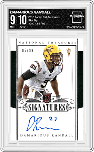 Damarious Randall from the 2015 Panini National Treasures College set graded by Arena Club and given an overall grade of 9.