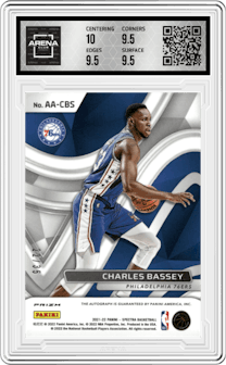 Charles Bassey from the 2021-22 Panini Spectra set featuring a Purple parallel graded by Arena Club and given an overall grade of 10.