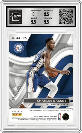Charles Bassey from the 2021-22 Panini Spectra set featuring a Purple parallel graded by Arena Club and given an overall grade of 10.