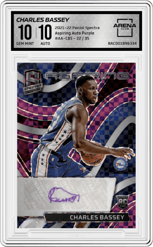 Charles Bassey from the 2021-22 Panini Spectra set featuring a Purple parallel graded by Arena Club and given an overall grade of 10.