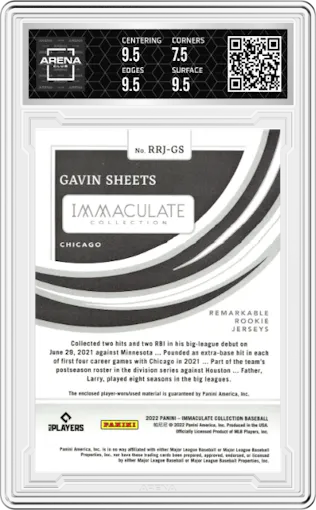 Gavin Sheets from the 2022 Panini Immaculate Collection set graded by Arena Club and given an overall grade of 8.