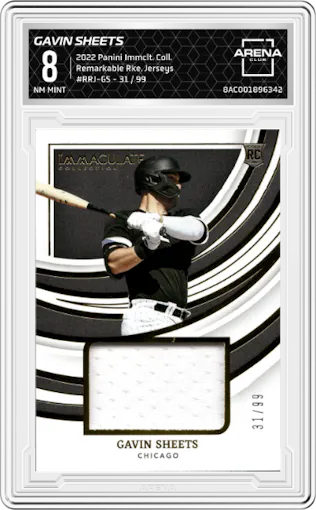 Gavin Sheets from the 2022 Panini Immaculate Collection set graded by Arena Club and given an overall grade of 8.