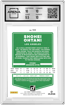 Shohei Ohtani from the 2021 Panini Donruss set graded by Arena Club and given an overall grade of 10.