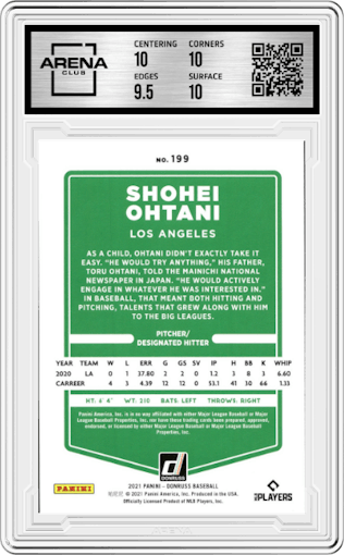 Shohei Ohtani from the 2021 Panini Donruss set graded by Arena Club and given an overall grade of 10.
