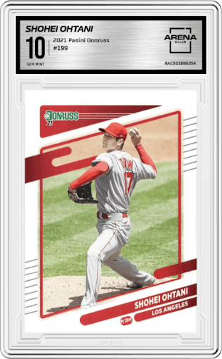 Shohei Ohtani from the 2021 Panini Donruss set graded by Arena Club and given an overall grade of 10.
