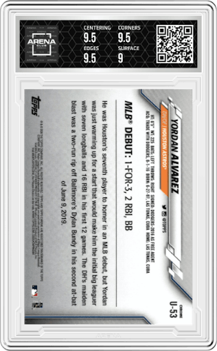 Yordan Alvarez from the 2020 Topps Chrome Update    set graded by Arena Club and given an overall grade of 9.5.