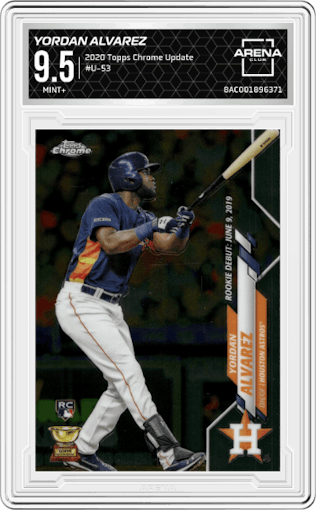 Yordan Alvarez from the 2020 Topps Chrome Update    set graded by Arena Club and given an overall grade of 9.5.