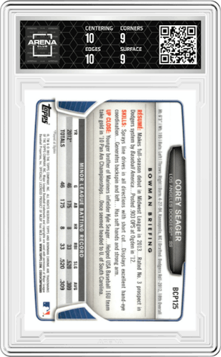  Corey Seager from the 2013 Bowman Chrome set graded by Arena Club and given an overall grade of 9.5.