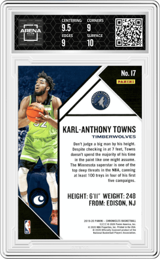 Karl-Anthony Towns from the 2019-20 Panini Chronicles  set graded by Arena Club and given an overall grade of 9.5.