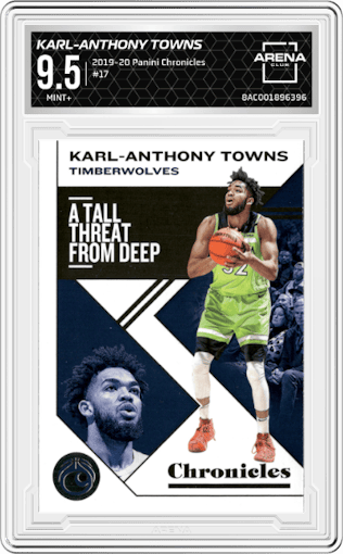 Karl-Anthony Towns from the 2019-20 Panini Chronicles  set graded by Arena Club and given an overall grade of 9.5.