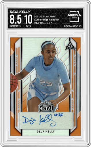 Deja Kelly from the 2021-22 Leaf Metal set featuring a Orange Rainbow parallel graded by Arena Club and given an overall grade of 8.5.