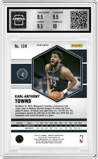 Karl-Anthony Towns from the 2020-21 Panini Mosaic set featuring a Green Mosaic parallel graded by Arena Club and given an overall grade of 10.