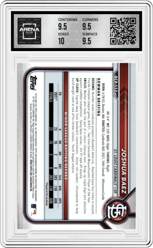 Joshua Baez from the 2022 Bowman set graded by Arena Club and given an overall grade of 10.