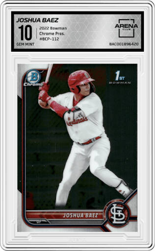 Joshua Baez from the 2022 Bowman set graded by Arena Club and given an overall grade of 10.