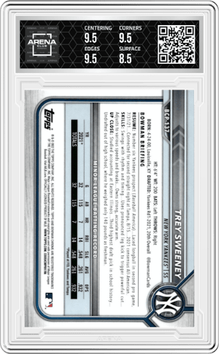 Trey Sweeney from the 2022 Bowman set graded by Arena Club and given an overall grade of 9.