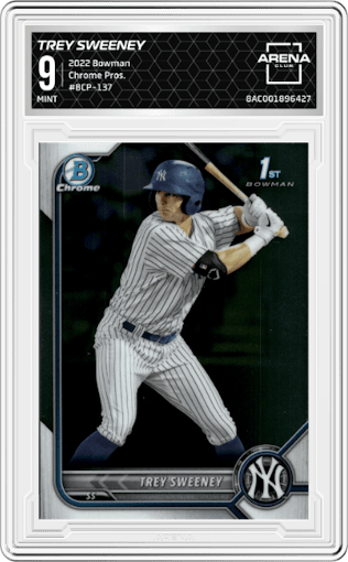 Trey Sweeney from the 2022 Bowman set graded by Arena Club and given an overall grade of 9.