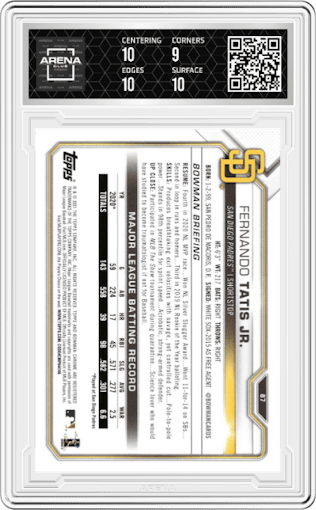 Fernando Tatis Jr. from the 2021 Bowman set graded by Arena Club and given an overall grade of 9.5.