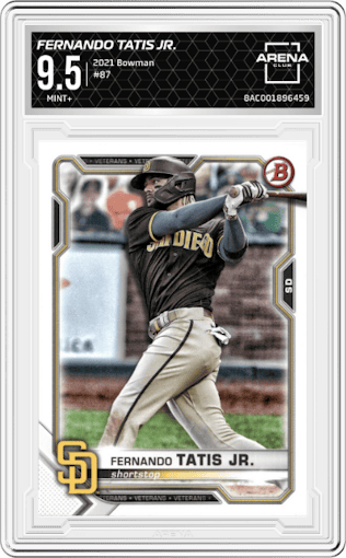 Fernando Tatis Jr. from the 2021 Bowman set graded by Arena Club and given an overall grade of 9.5.
